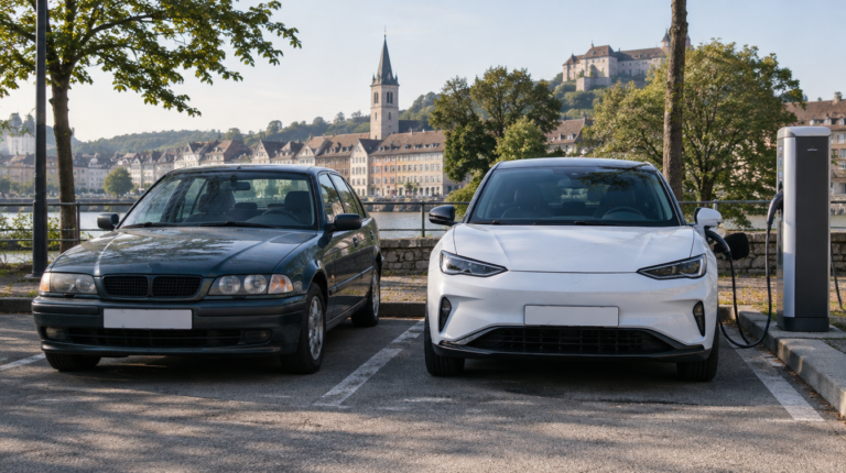 Senas dyzelinis automobilis šalia kraunamo elektromobilio