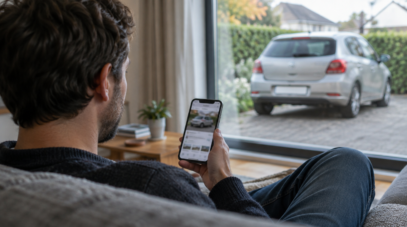Automobilio pardavimas internetu: vyras telefone peržiūri skelbimą