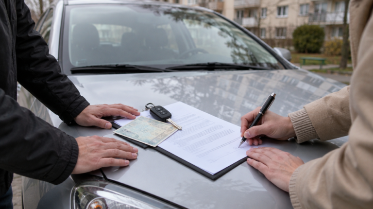 Automobilio pirkimo–pardavimo sutarties pasirašymas ant automobilio kapoto