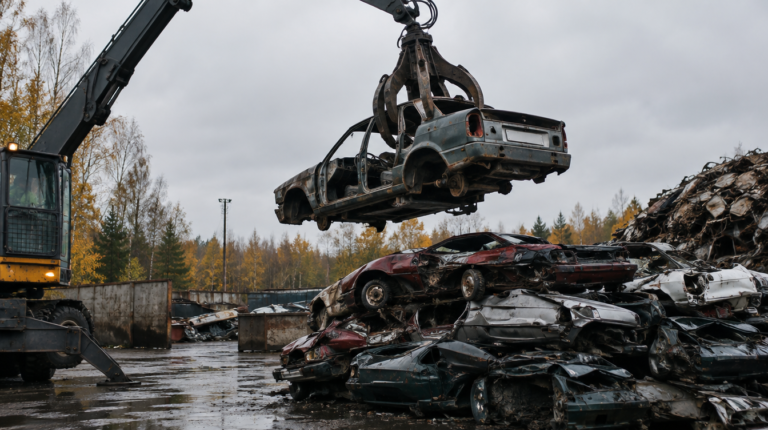 Senas automobilis keliamas kranu metalo laužo aikštelėje
