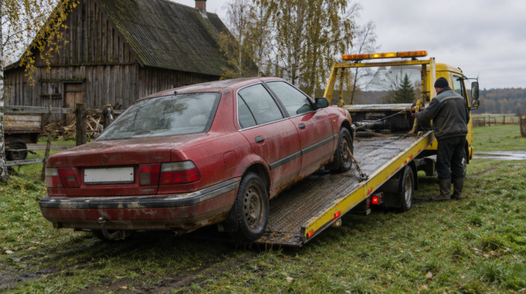 Senas surūdijęs automobilis keliamas ant evakuatoriaus sodybos kieme utilizavimui