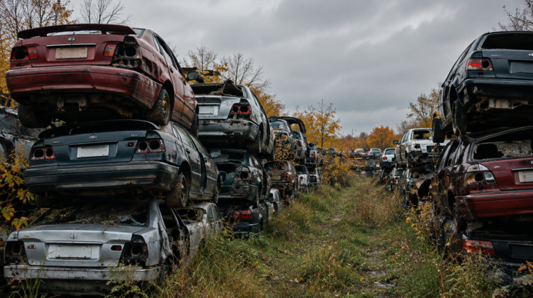 Automobilių šrotas su senais automobiliais
