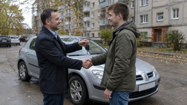 Automobilio pardavėjas perduoda raktus pirkėjui prie automobilio kieme