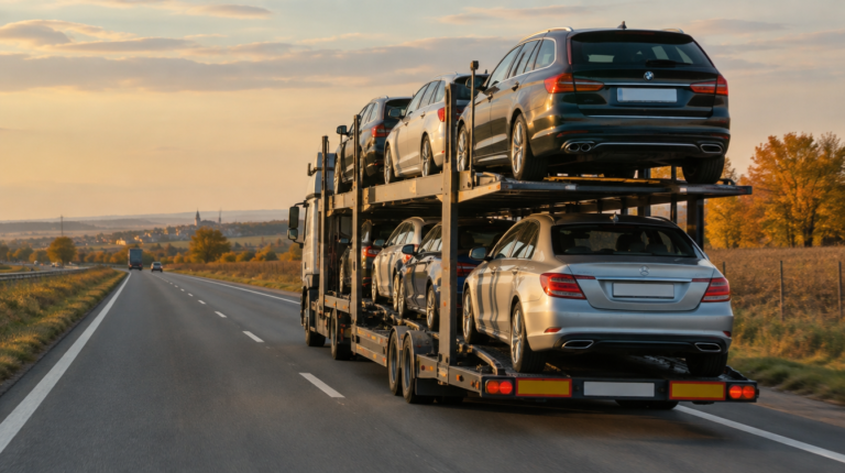 Autovežis su naudotais automobiliais važiuoja greitkeliu į rytus