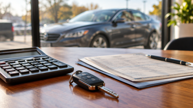 Skaičiuotuvas, raktai ir automobilio dokumentai ant stalo