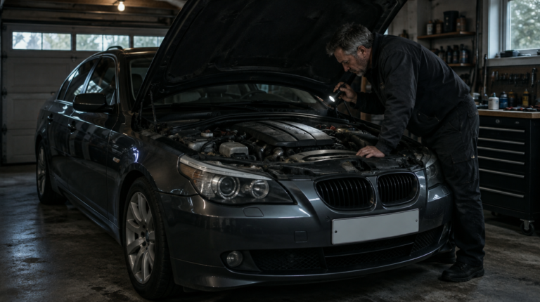 Meistras garaže tikrina BMW dyzelinį variklį