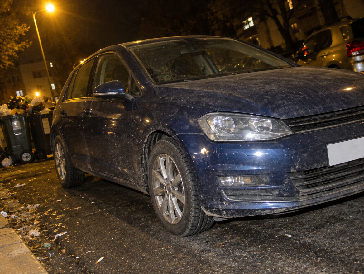 Blogas automobilio nuotraukos pavyzdys: naktis, purvinas automobilis, netvarkingas fonas