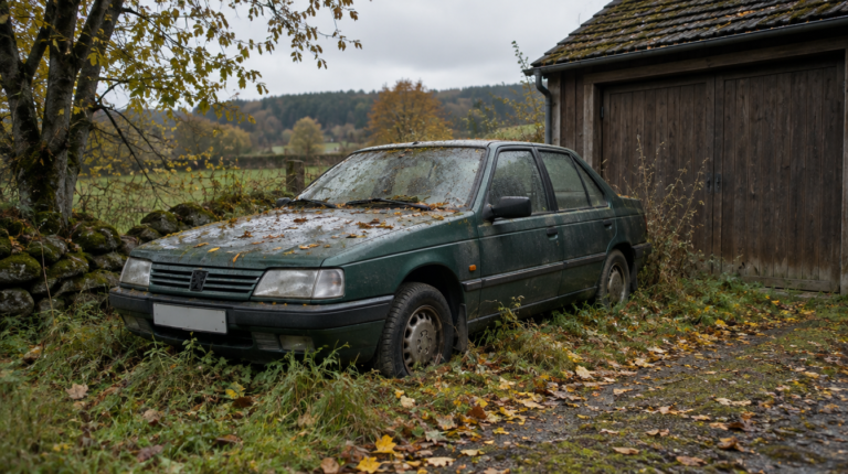 Senas automobilis su nuleistomis padangomis prie garažo