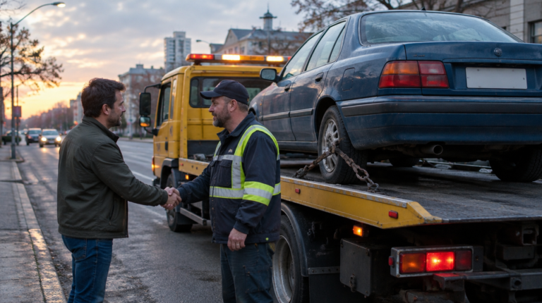 Automobilis greitai parduotas: savininkas spaudžia ranką evakuatoriaus vairuotojui