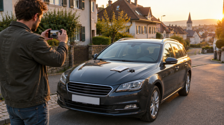 Vyras fotografuoja savo automobilį telefonu pardavimo skelbimui