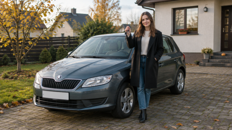 Moteris su raktais prie savo automobilio, kurį parduoda